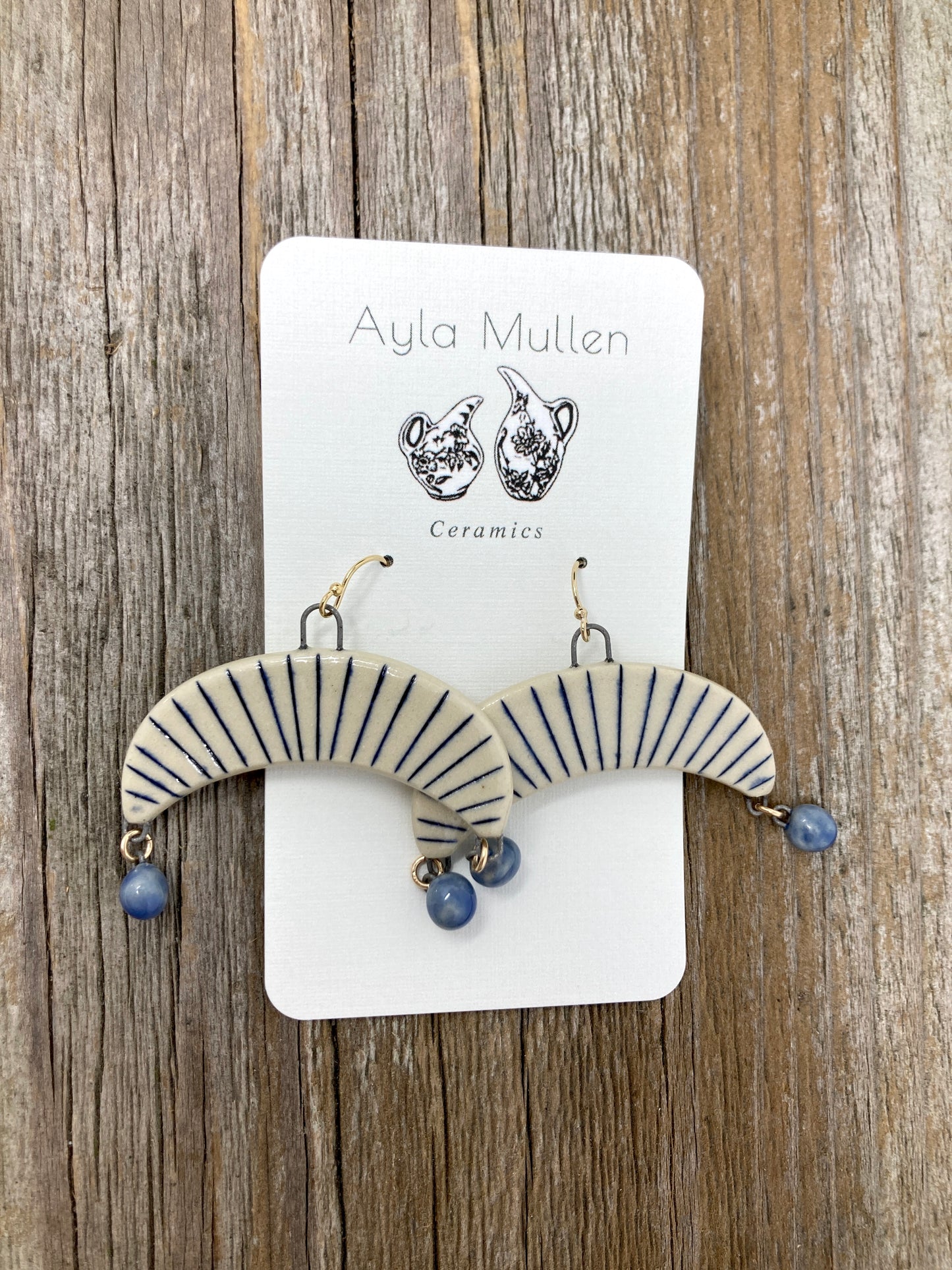 Large Blue Striped Arch Earrings with Dangles, on gold-filled