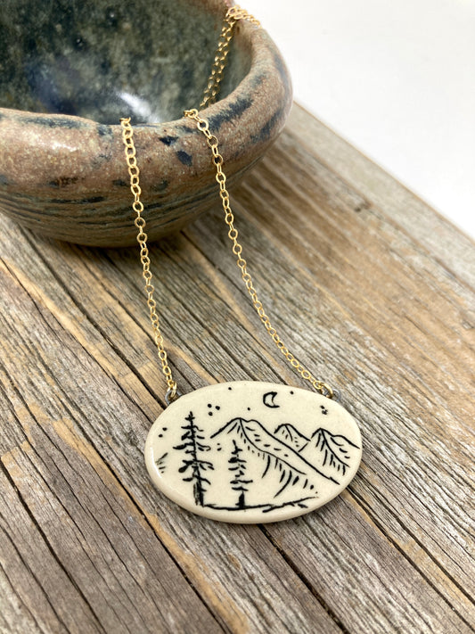 Oval Mountain Landscape Statement Pendant on 14k Gold Filled