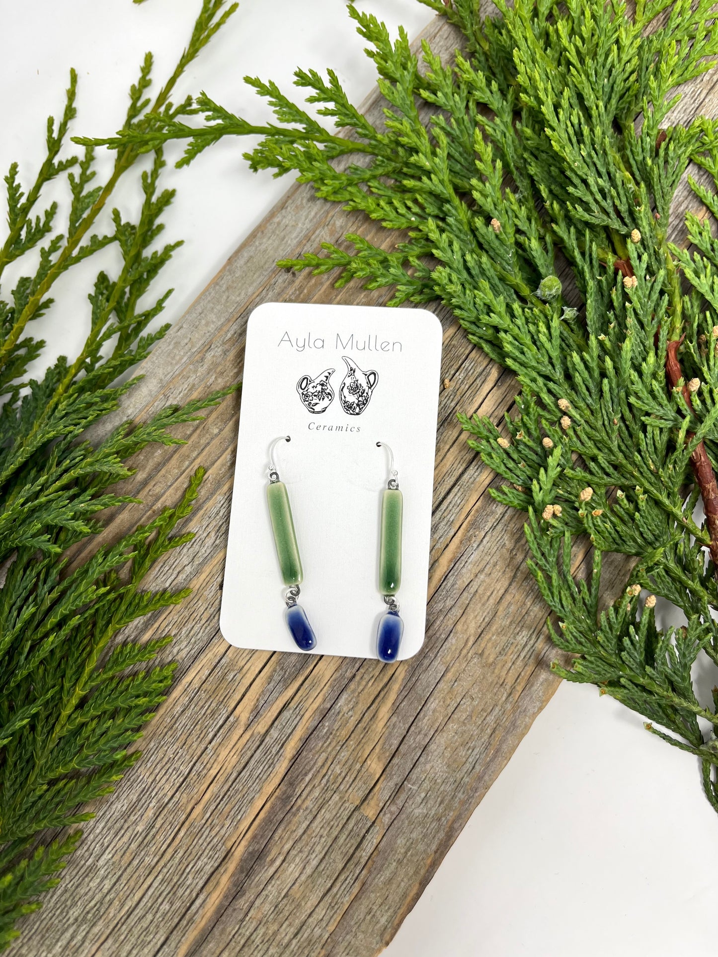 Long Green Earrings with cobalt Dangles