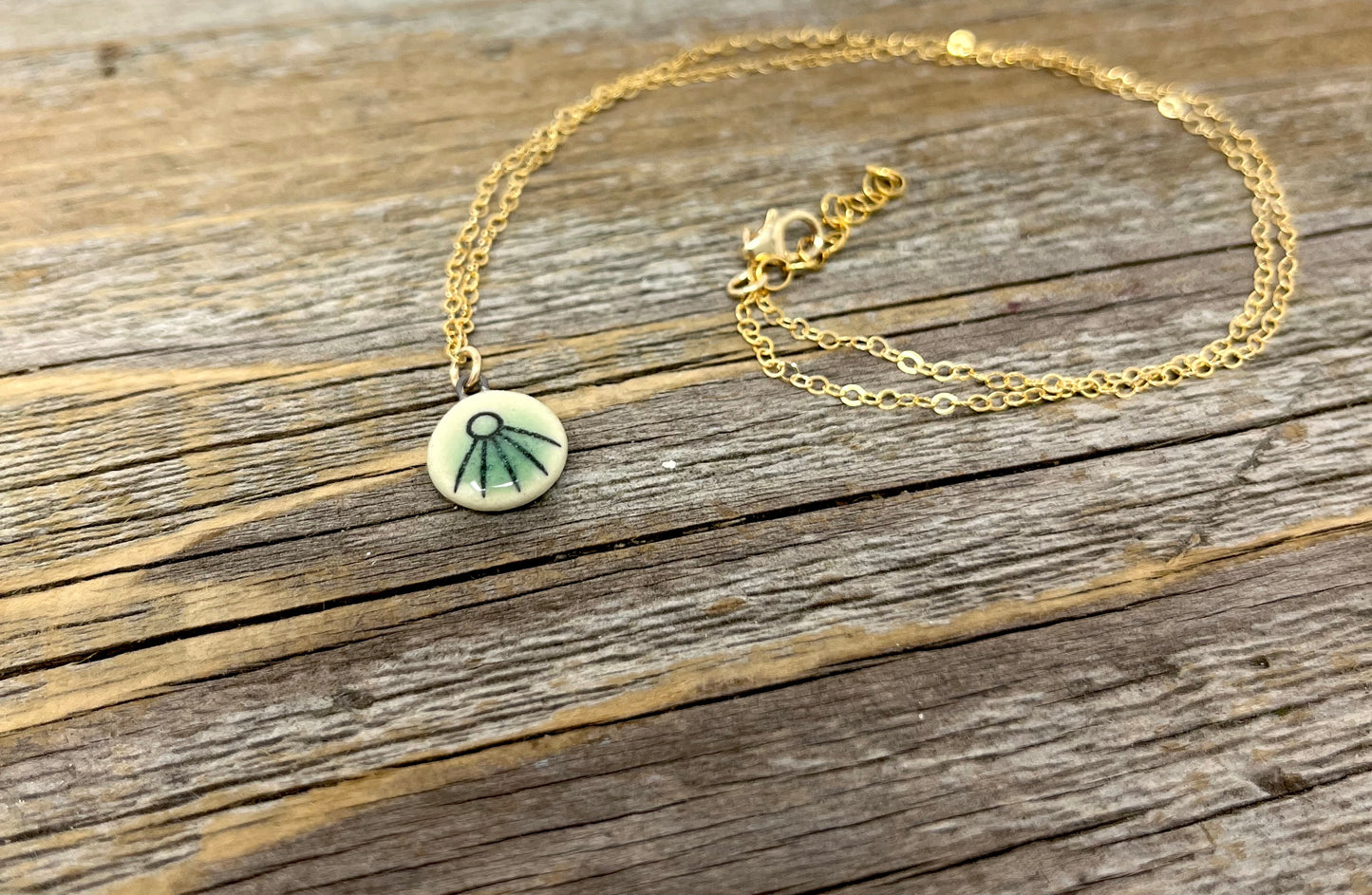 Small Geometric Drop Necklace in Black and Green, on gold-filled