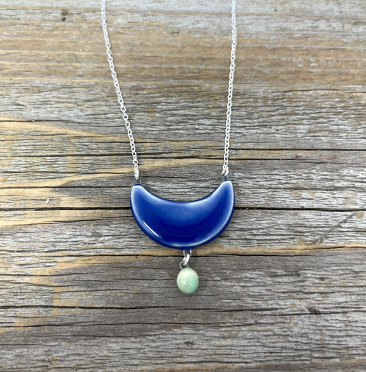 Cobalt Arch Necklace with green drop, on Sterling Silver