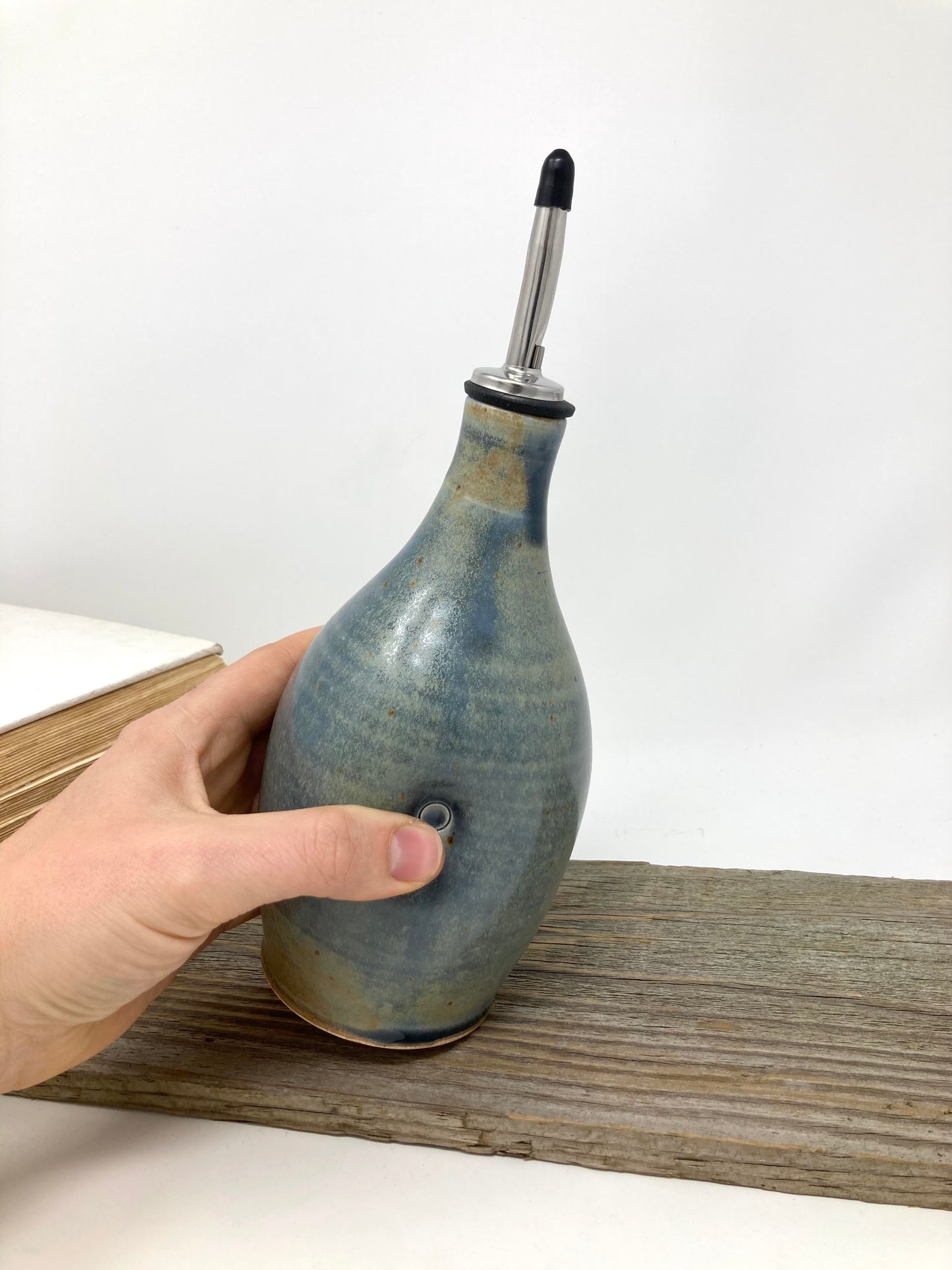 Dimpled Oil Bottle in Blue-Bronze glaze