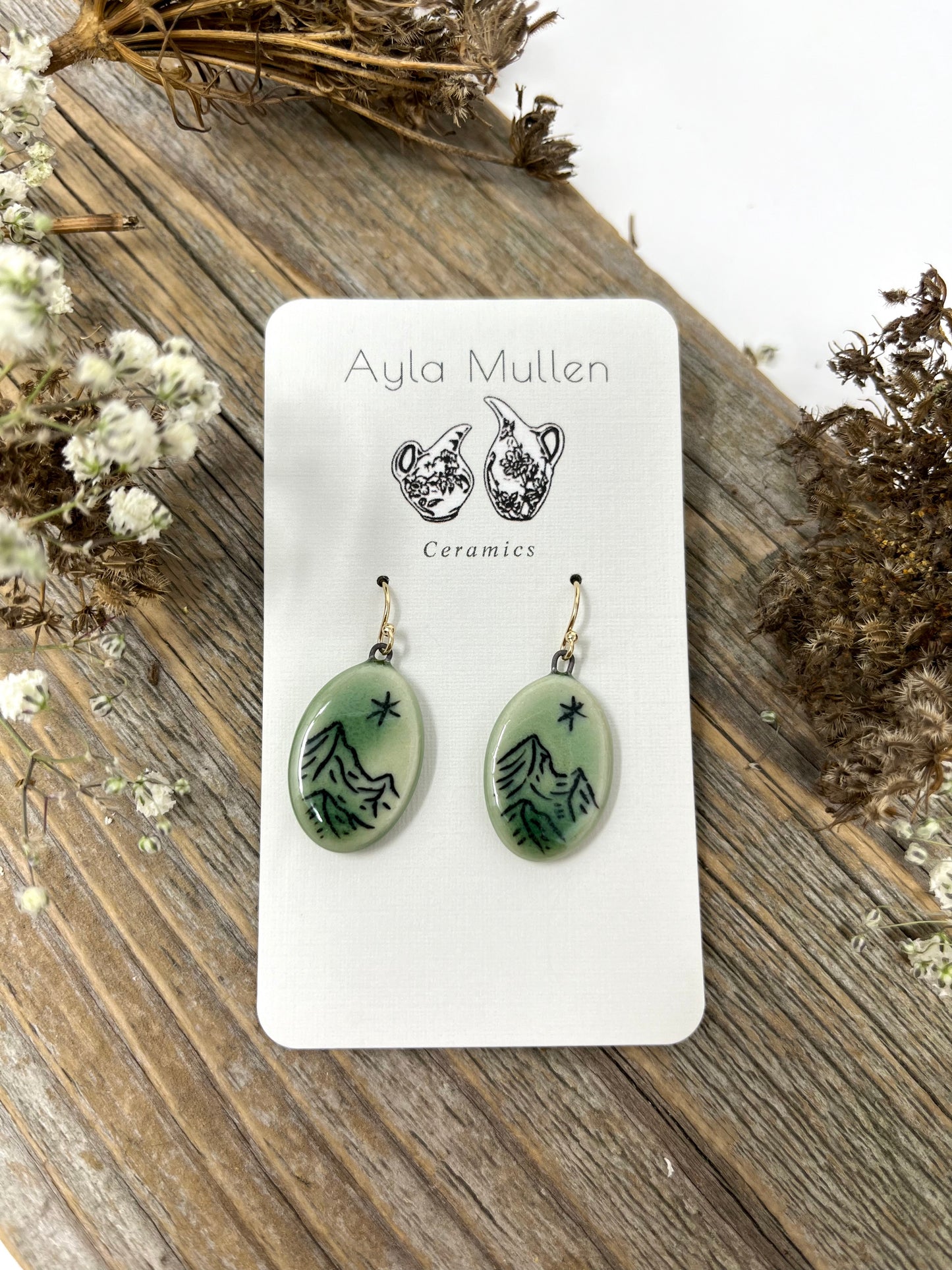 Oval Mountain Landscape Earrings, Black and Green