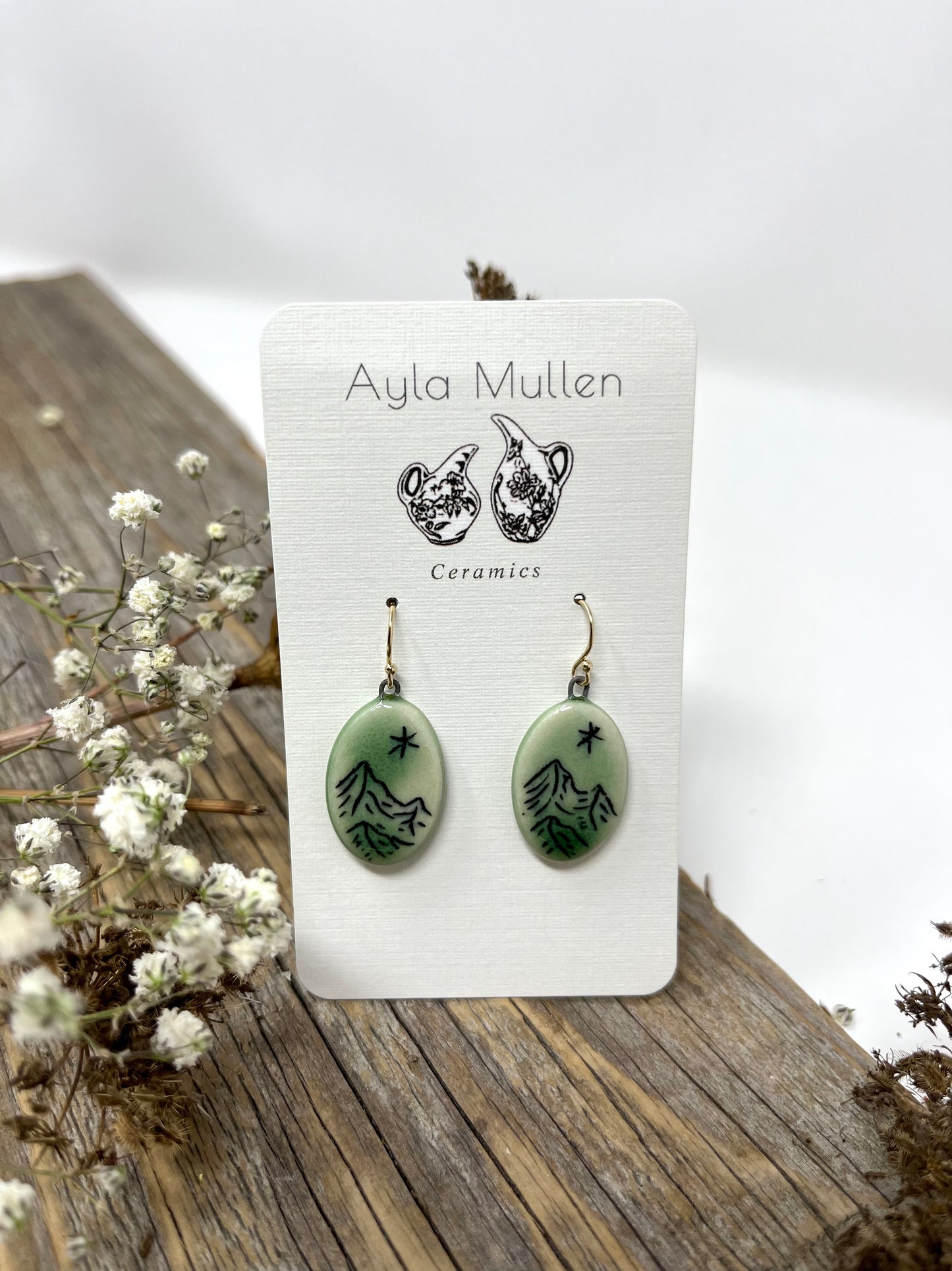 Oval Mountain Landscape Earrings, Black and Green