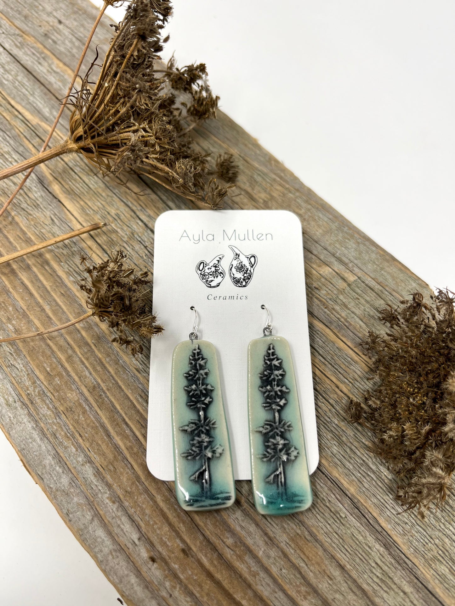 Stamped Evergreen Tree Earrings in Black and Green