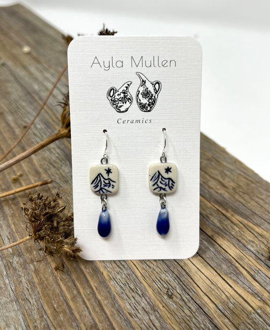 Small Mountain Landscape Earrings with Blue Dangles