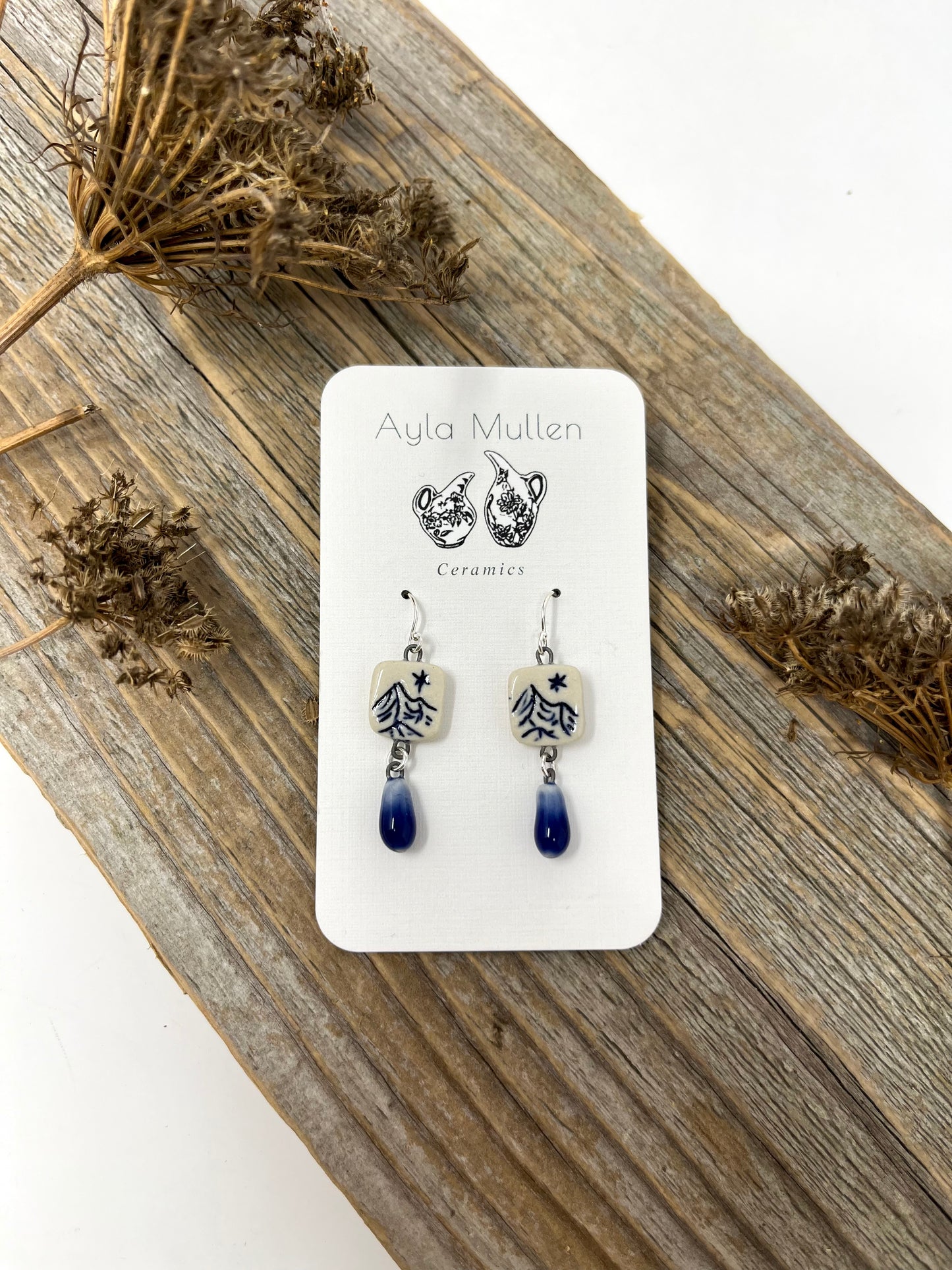 Small Mountain Landscape Earrings with Blue Dangles