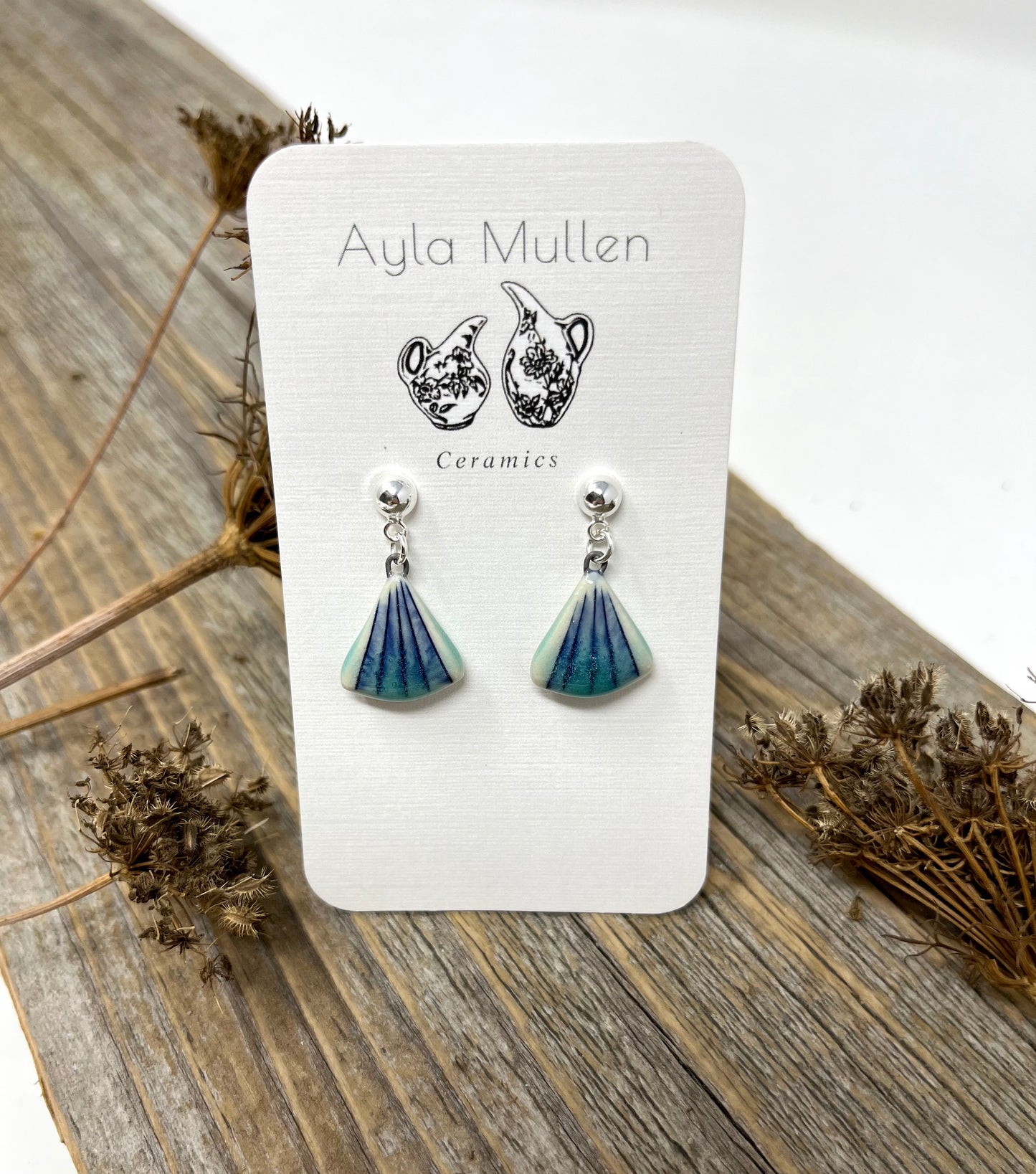 Small Striped Fan Earrings in Blue and Green