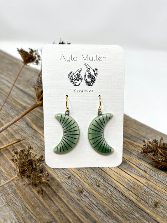 Striped Crescent Moon Earrings in Black and Green