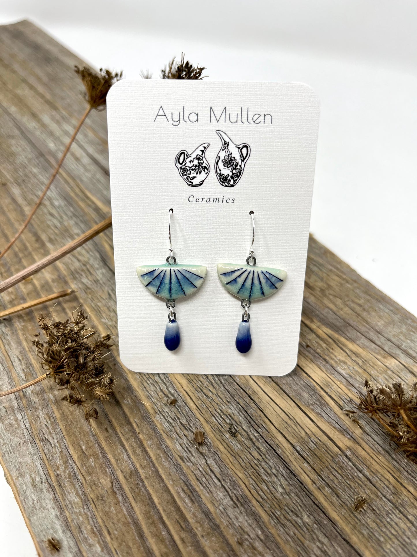 Striped Half-Circle Earrings with Blue Dangles