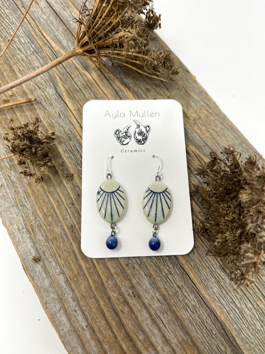 Oval Sunburst Earrings with Blue Dangles