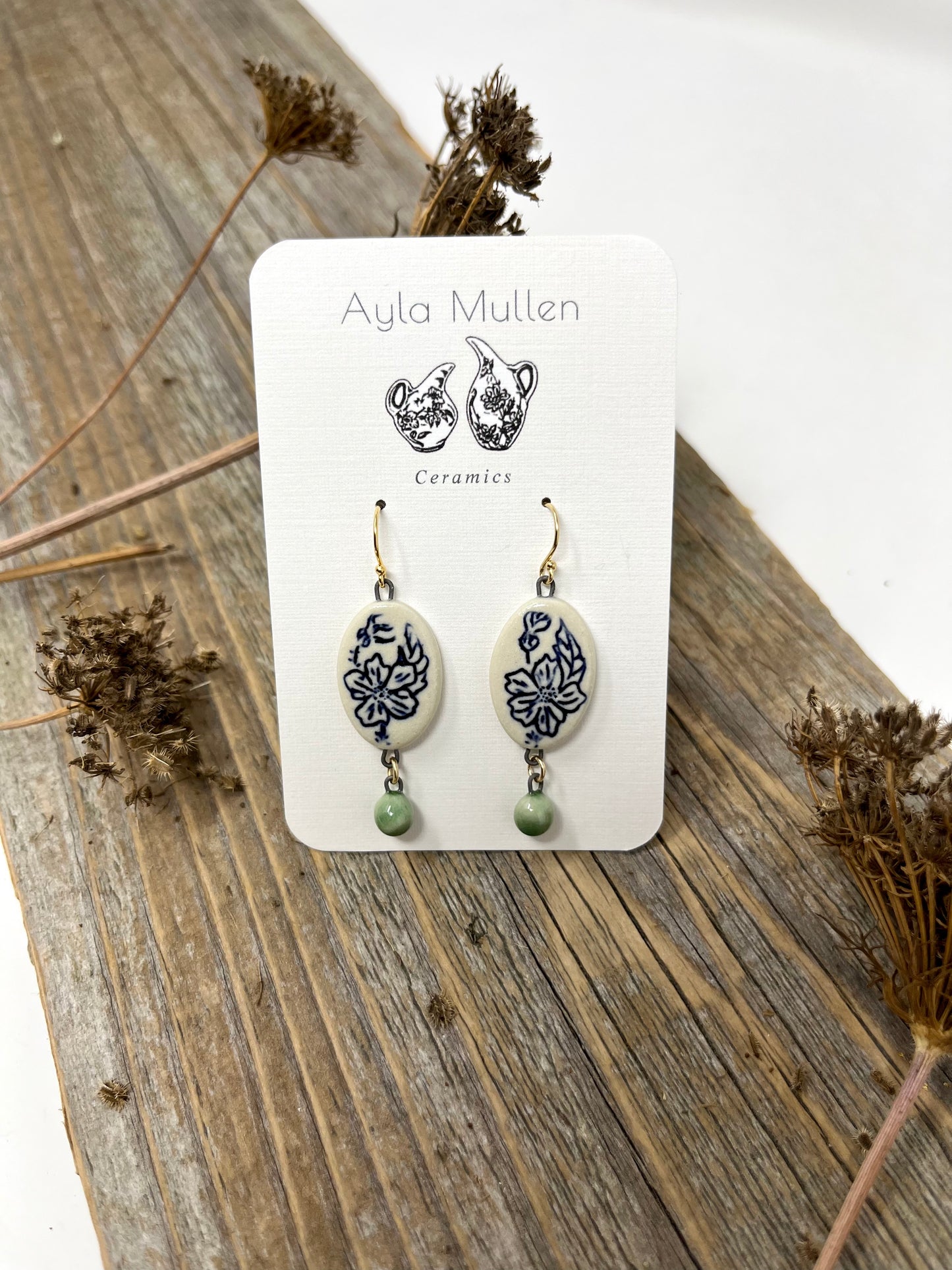 Wild Rose Earrings with Green Dangles