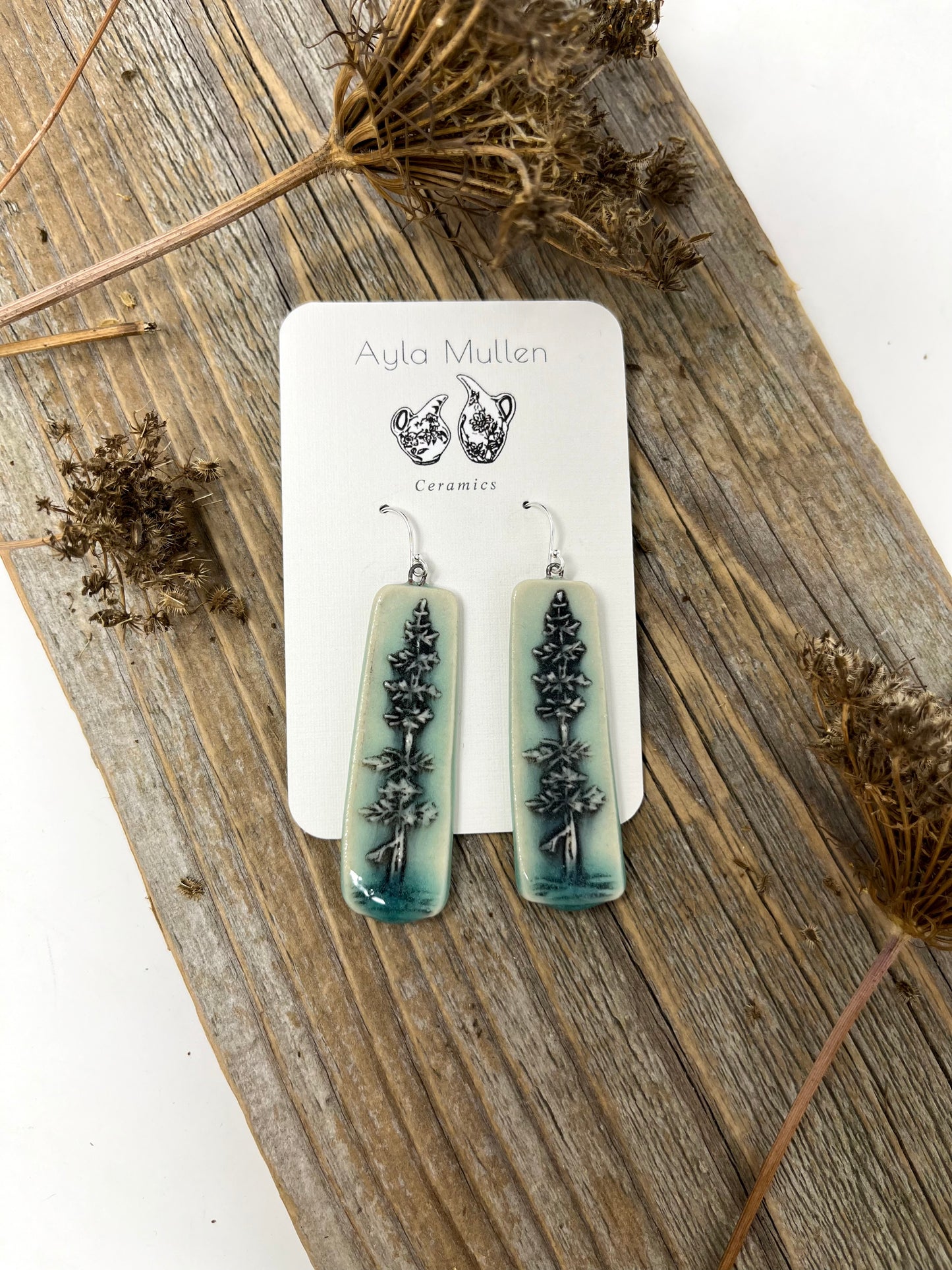 Stamped Evergreen Tree Earrings in Black and Green