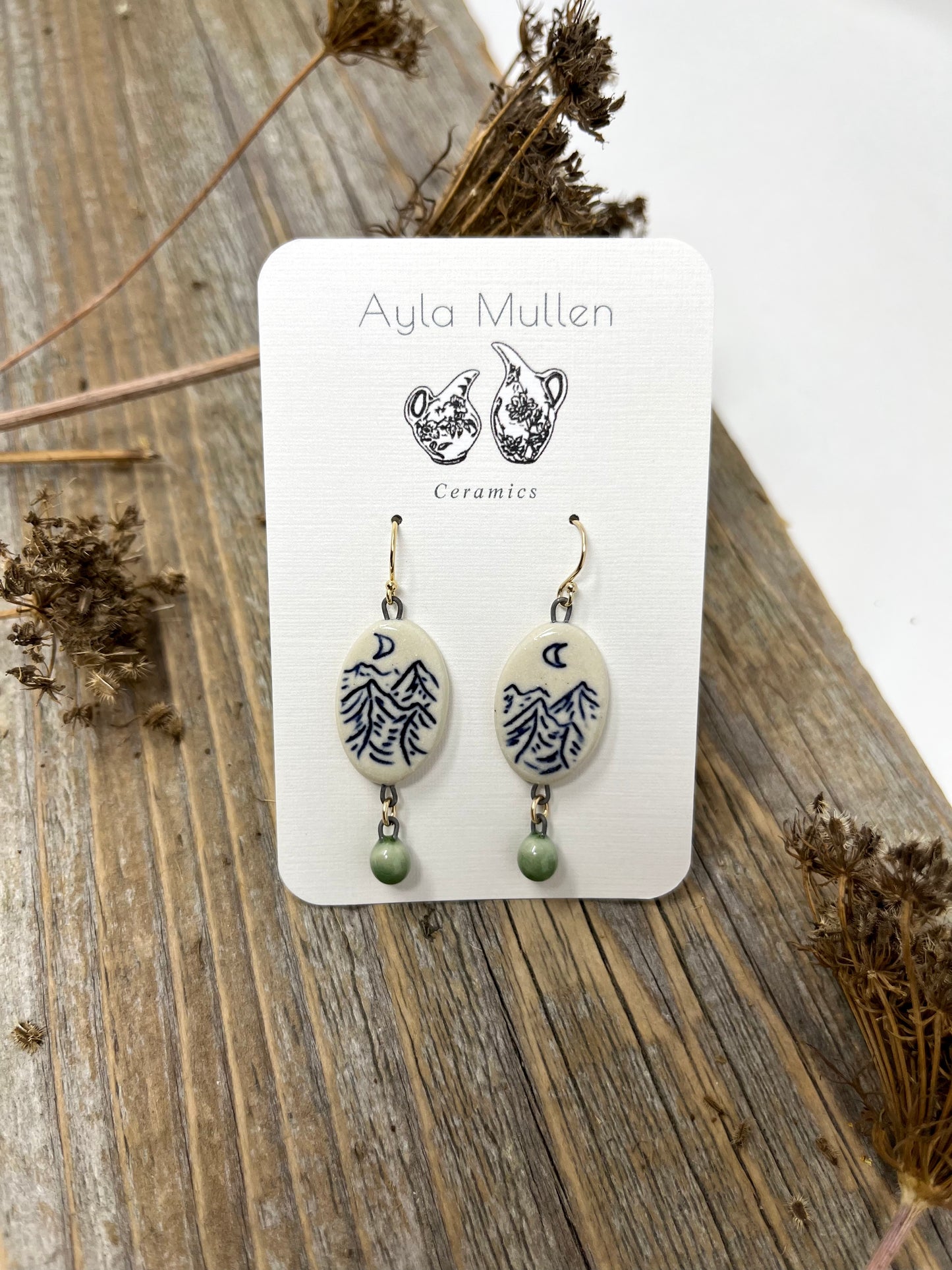 Oval Mountain Landscape Earrings with Green Dangles