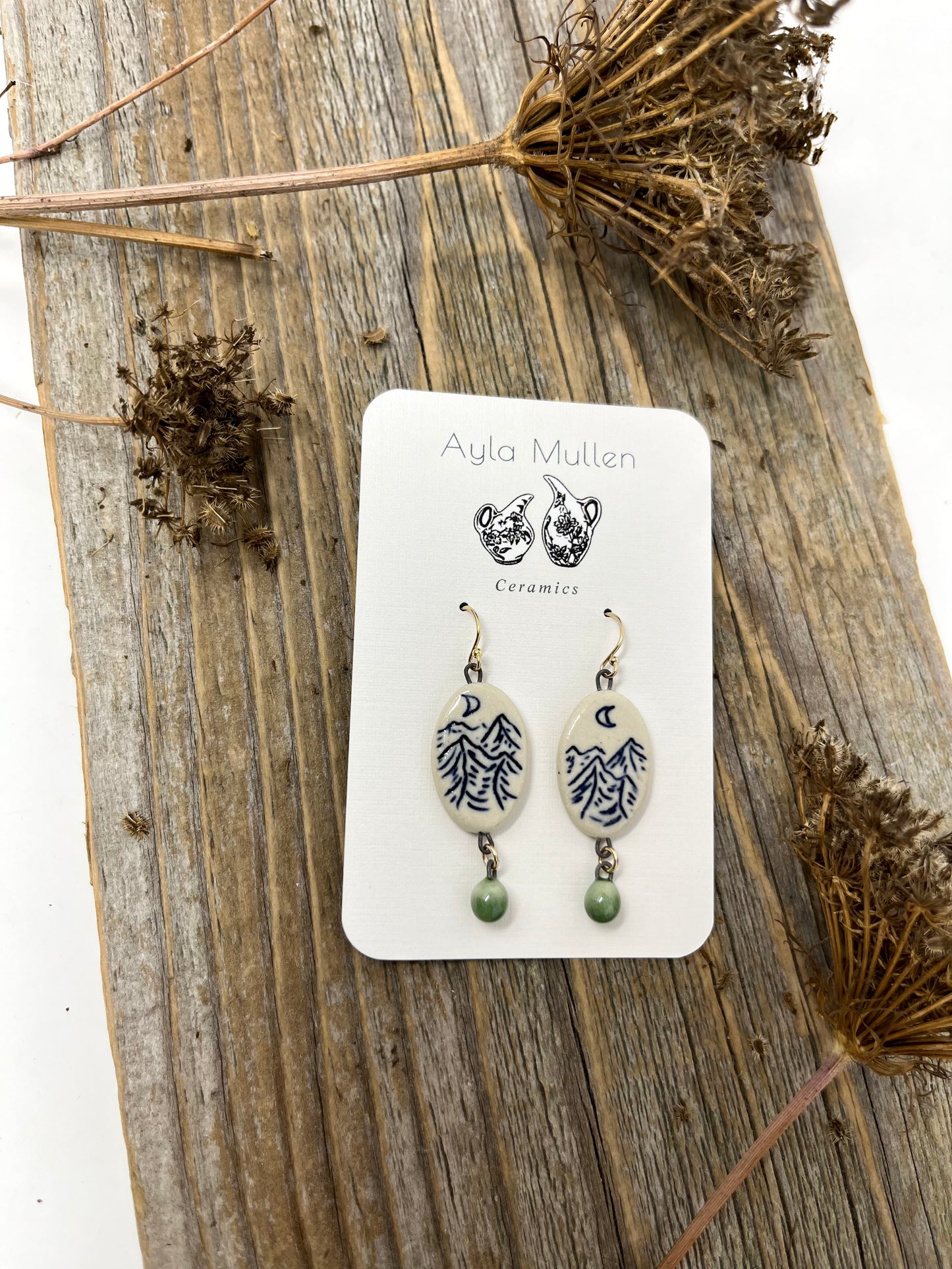 Oval Mountain Landscape Earrings with Green Dangles