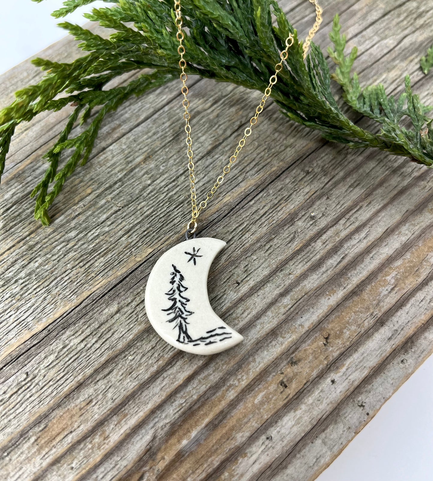 Crescent Moon Necklace with Tree and Star