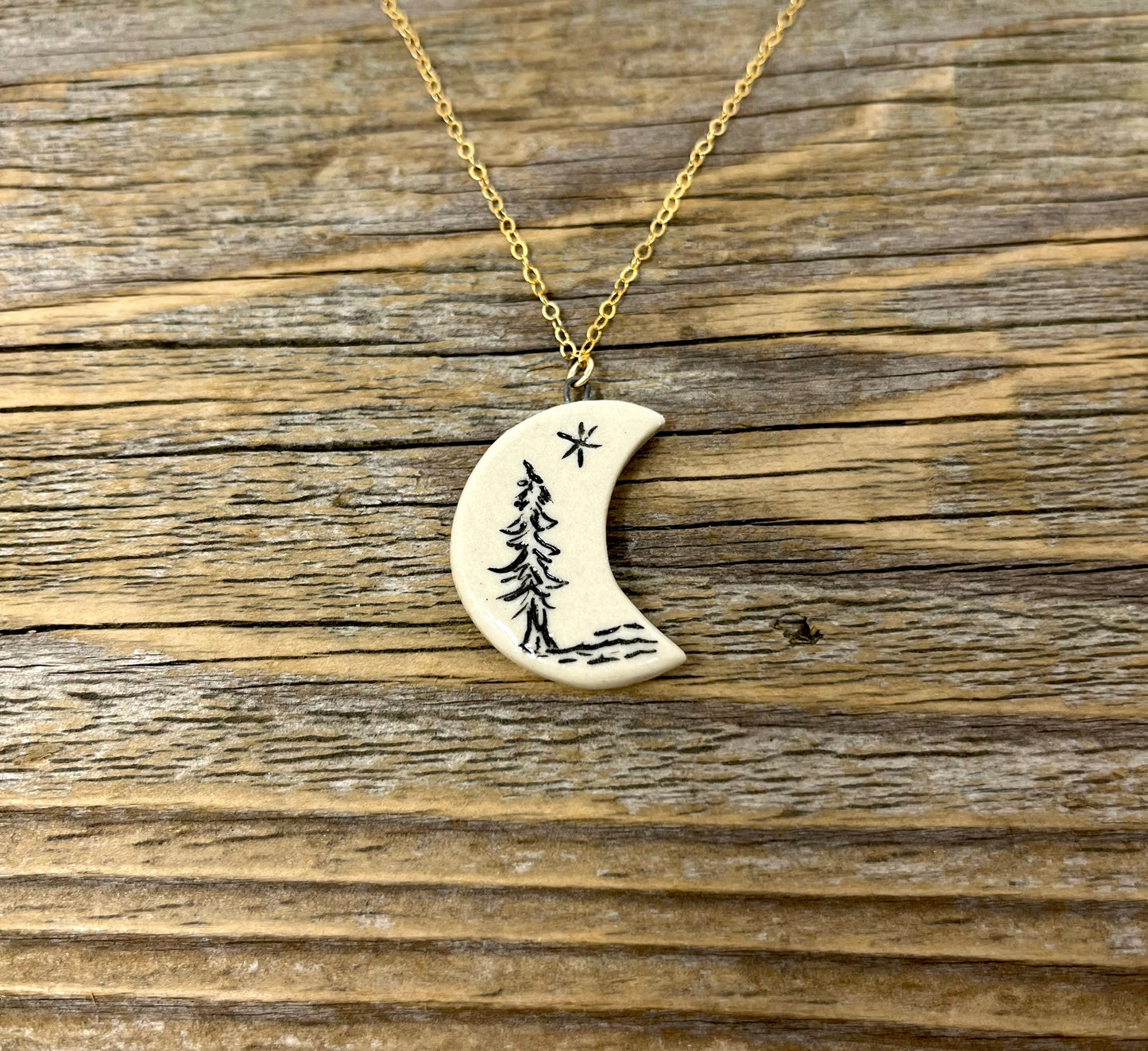 Crescent Moon Necklace with Tree and Star