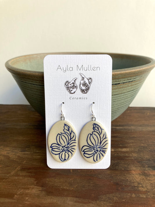Large Oval Dogwood Earrings, Cobalt Blue, Sterling Silver