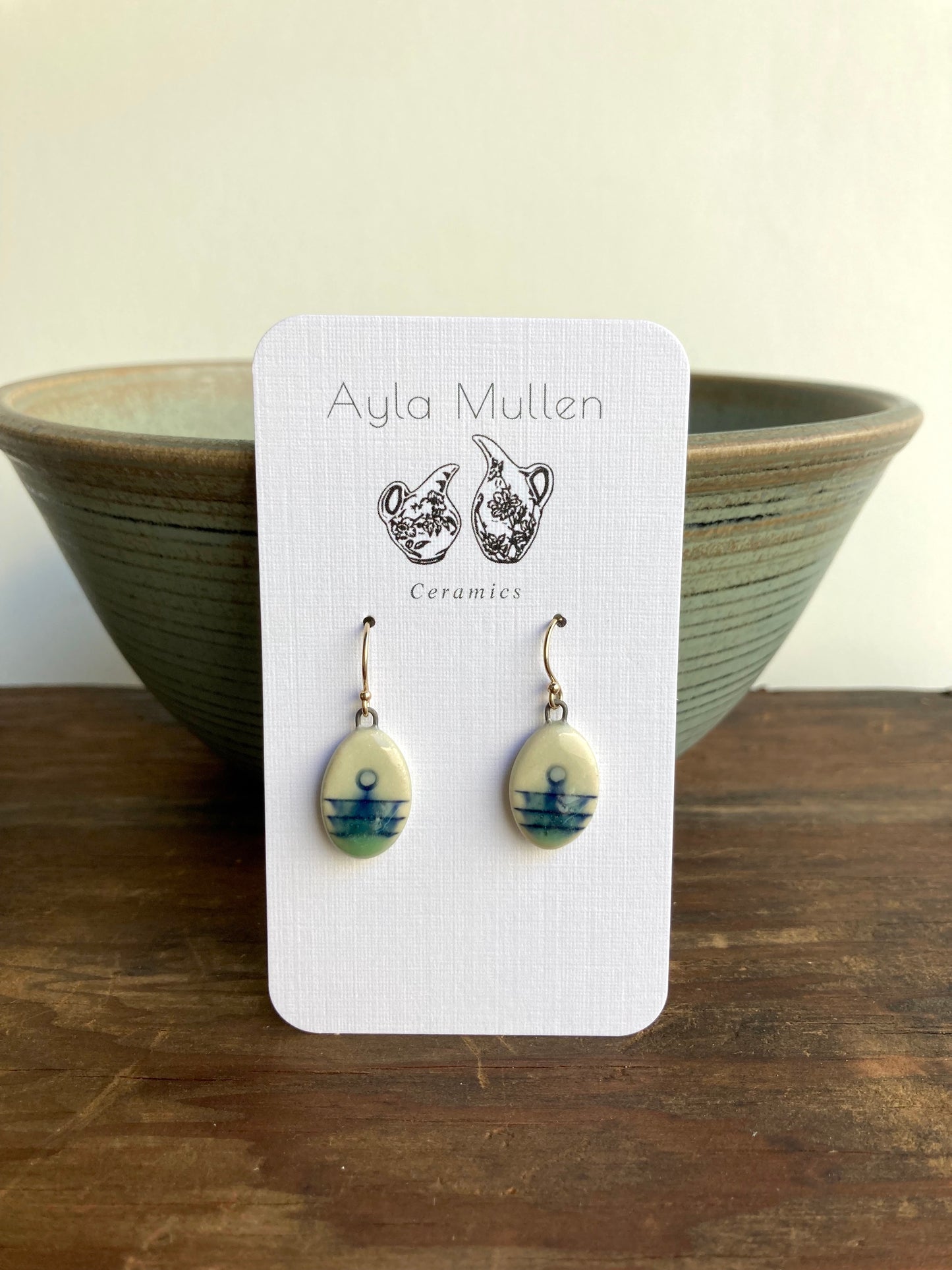 Small Oval Geometric Earrings in Blue and Green, Gold Filled