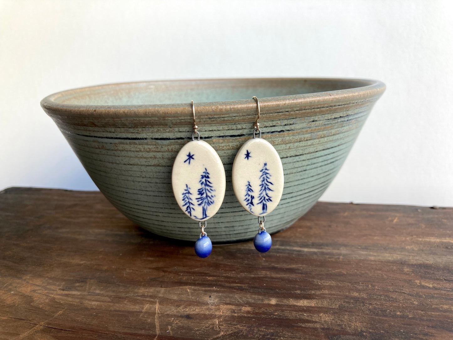 Oval Trees in the Starlight Earrings with Cobalt Blue Dangles, on Gold-Filled