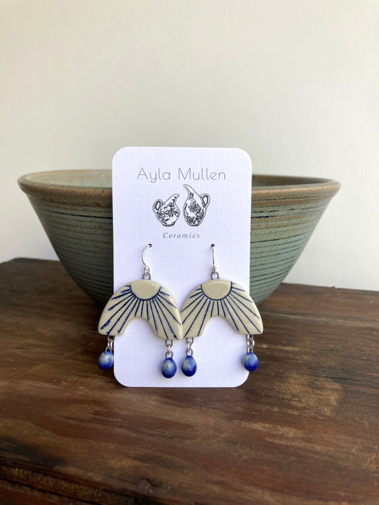 Sunburst Arch Earrings with Blue Dangles