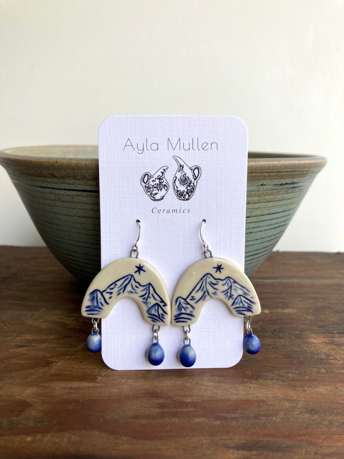 Mountain Landscape Arch Earrings with Cobalt Dangles