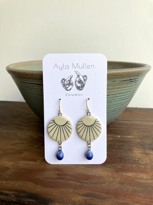 Round Sunburst Earrings with Blue Dangles, 14k gold-filled