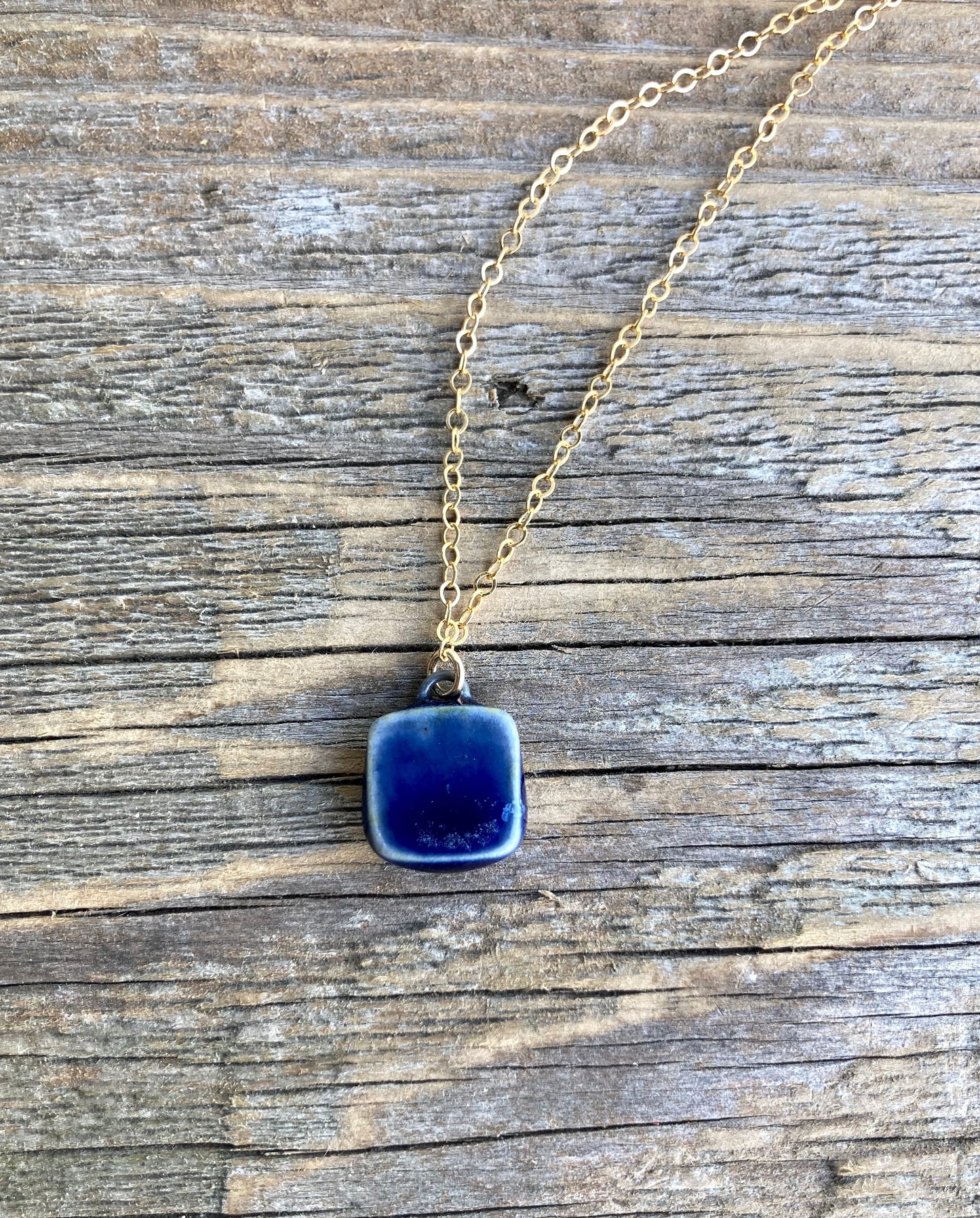 Square Cobalt Necklace, gold-filled chain