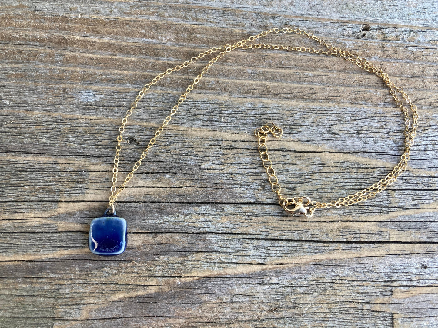 Square Cobalt Necklace, gold-filled chain