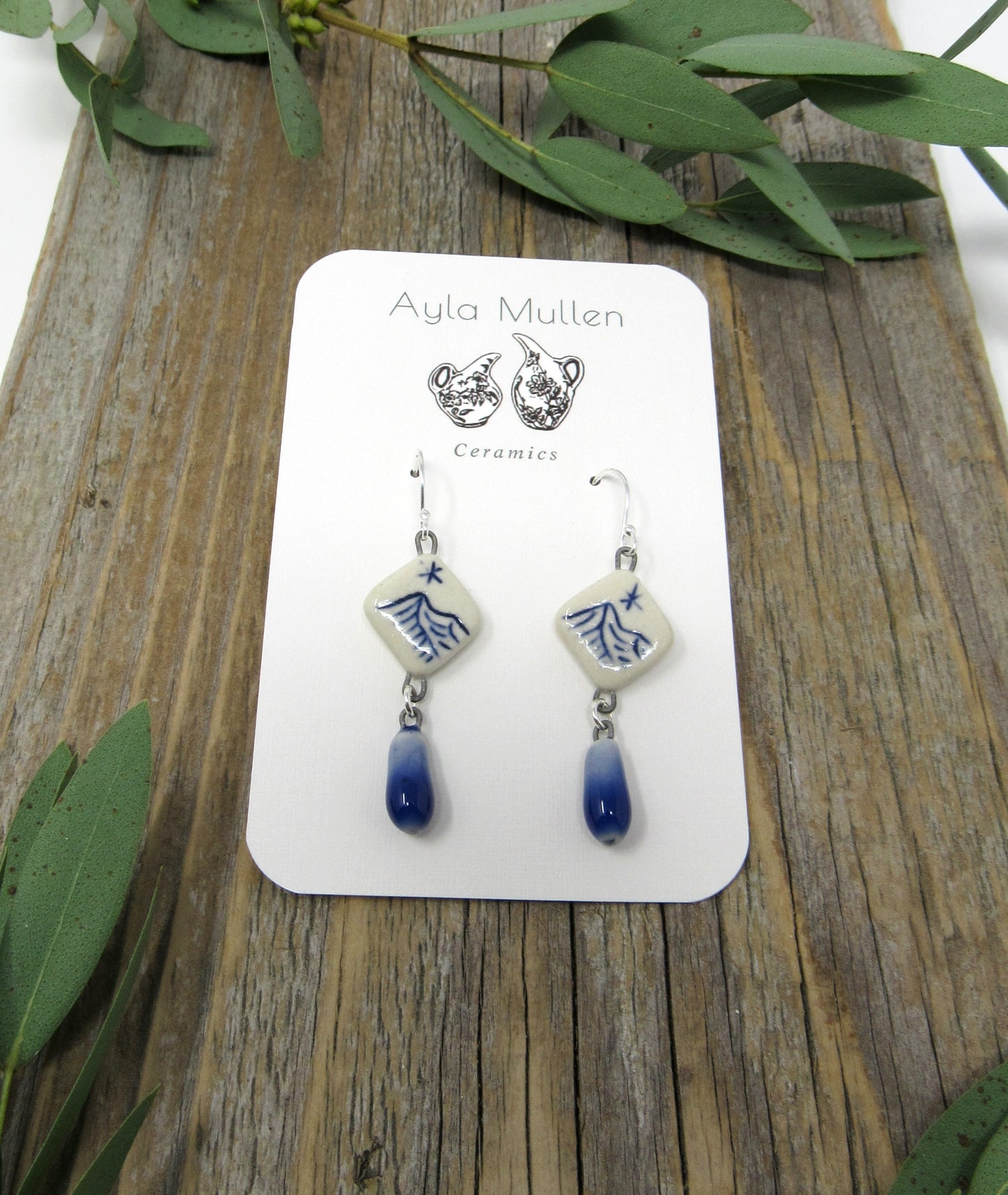 Small Mountain Landscape Earrings with Blue Dangles