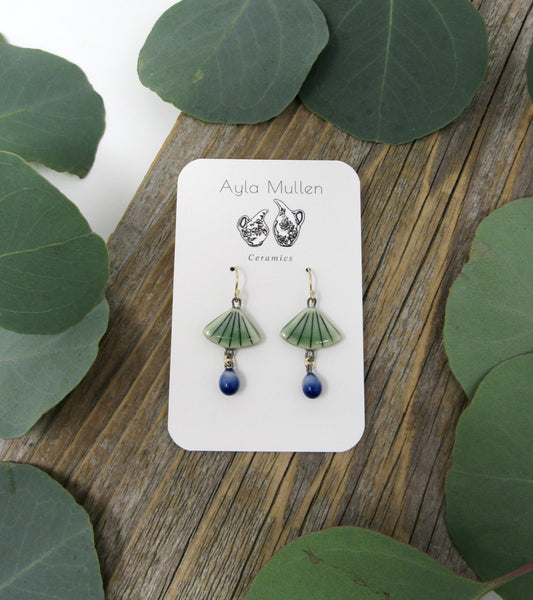 Striped Fan Earrings in Green with dangles