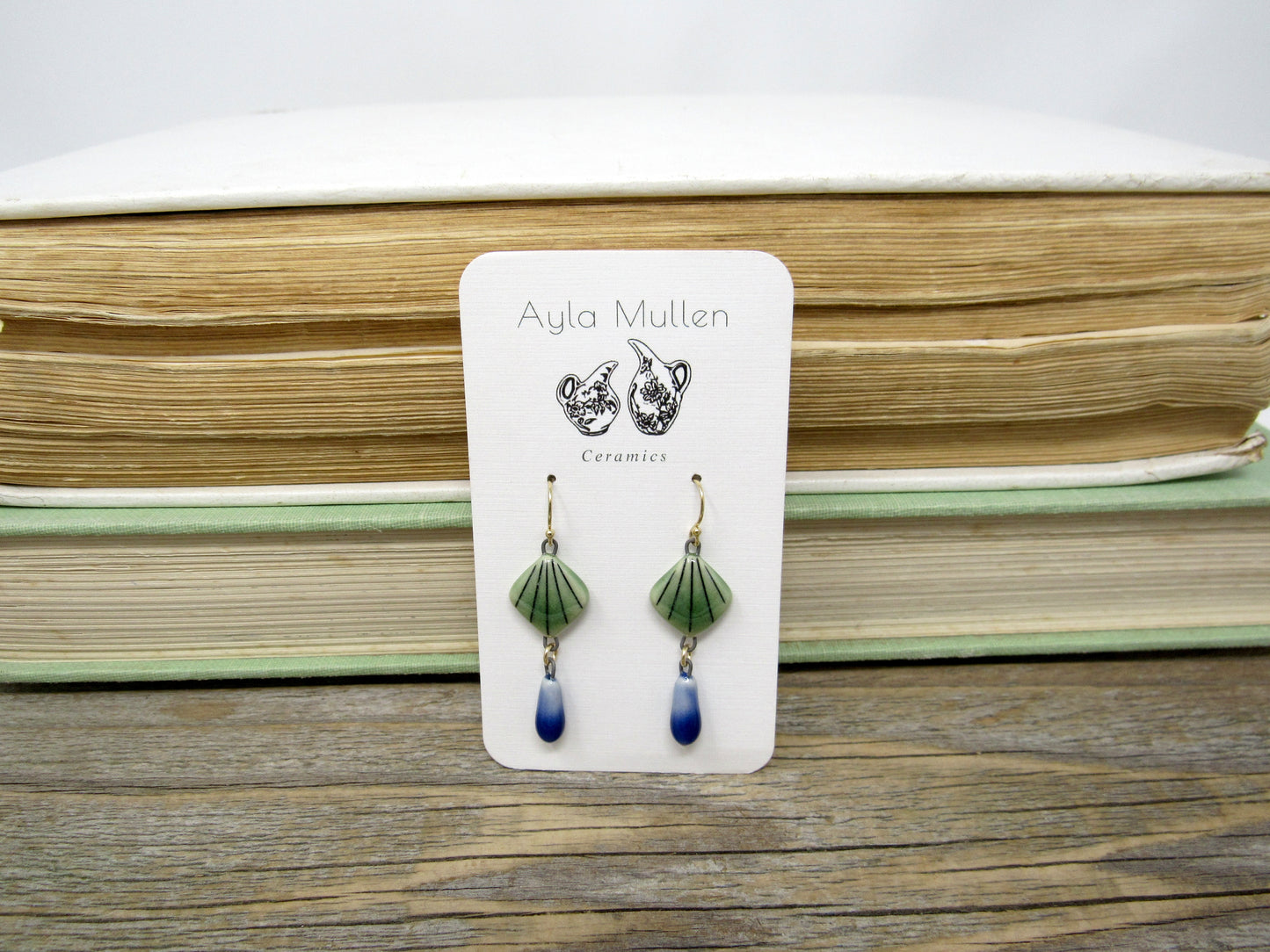 Striped Green Fan Earrings with dangles