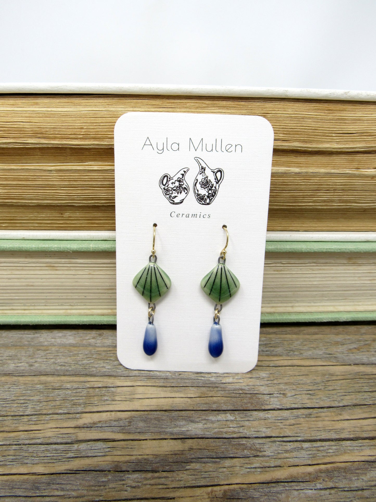 Striped Green Fan Earrings with dangles