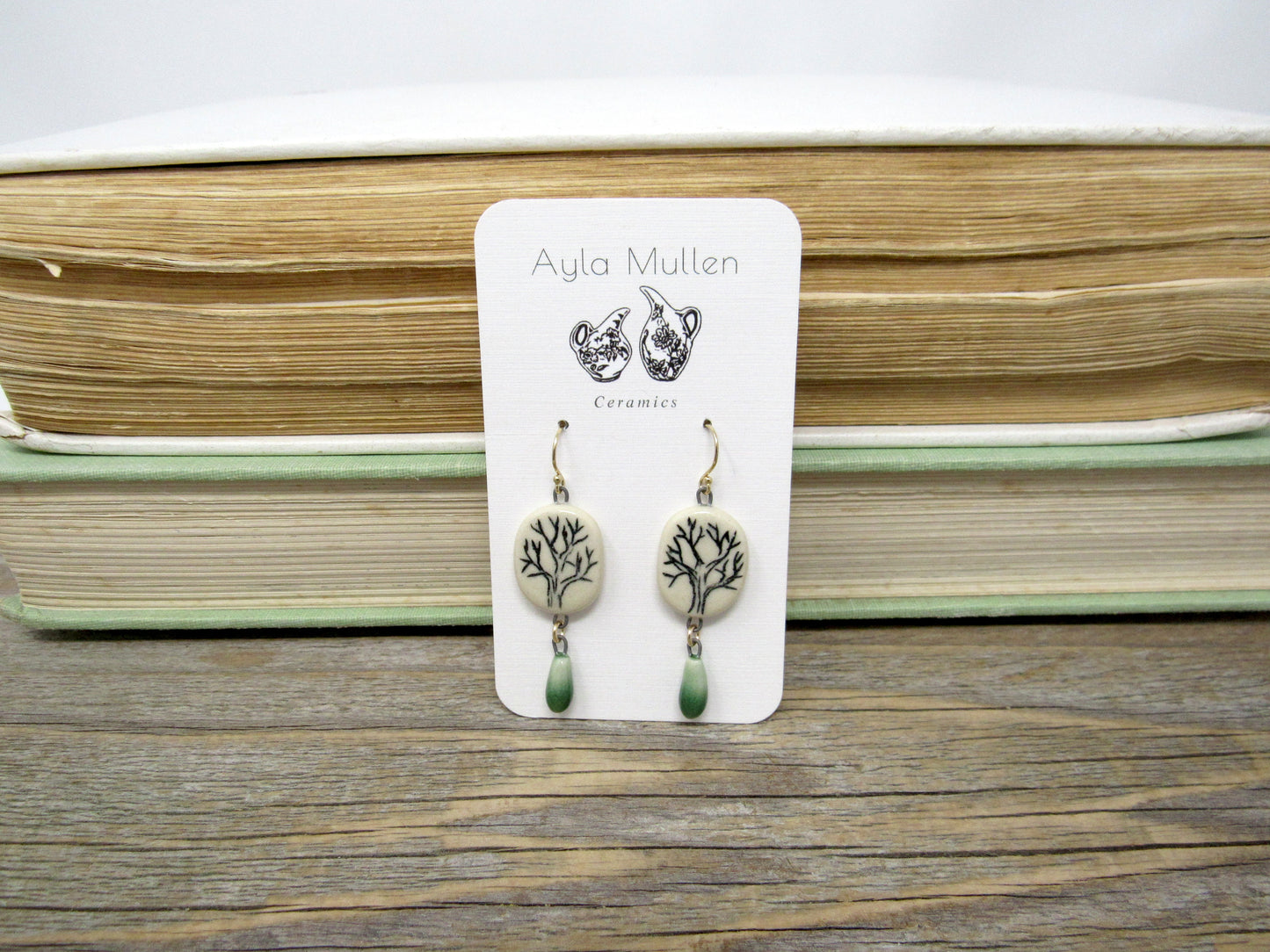 Small Winter Tree Earrings with Green Dangles
