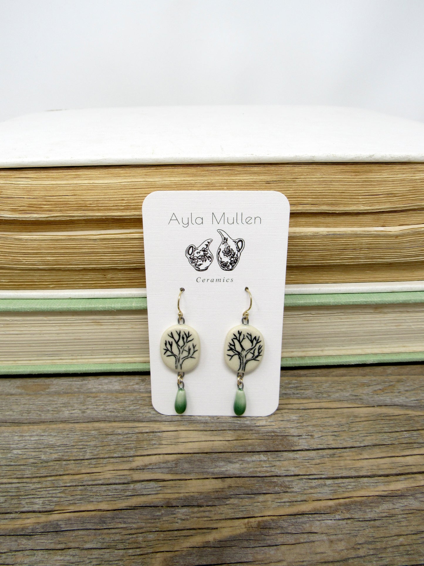 Small Winter Tree Earrings with Green Dangles
