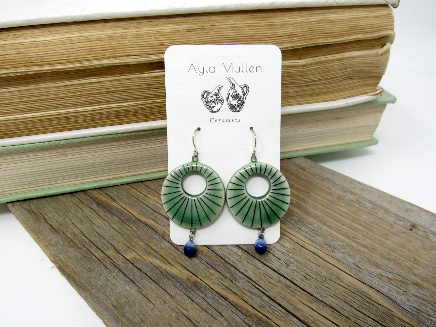 Striped Round Cutout Earrings in Black and Green, sterling silver