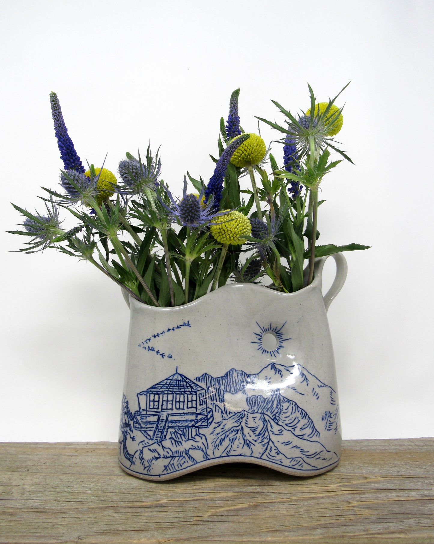 Park Butte Fire Lookout: Mountain Landscape Vase with Handles in Blue and Gray