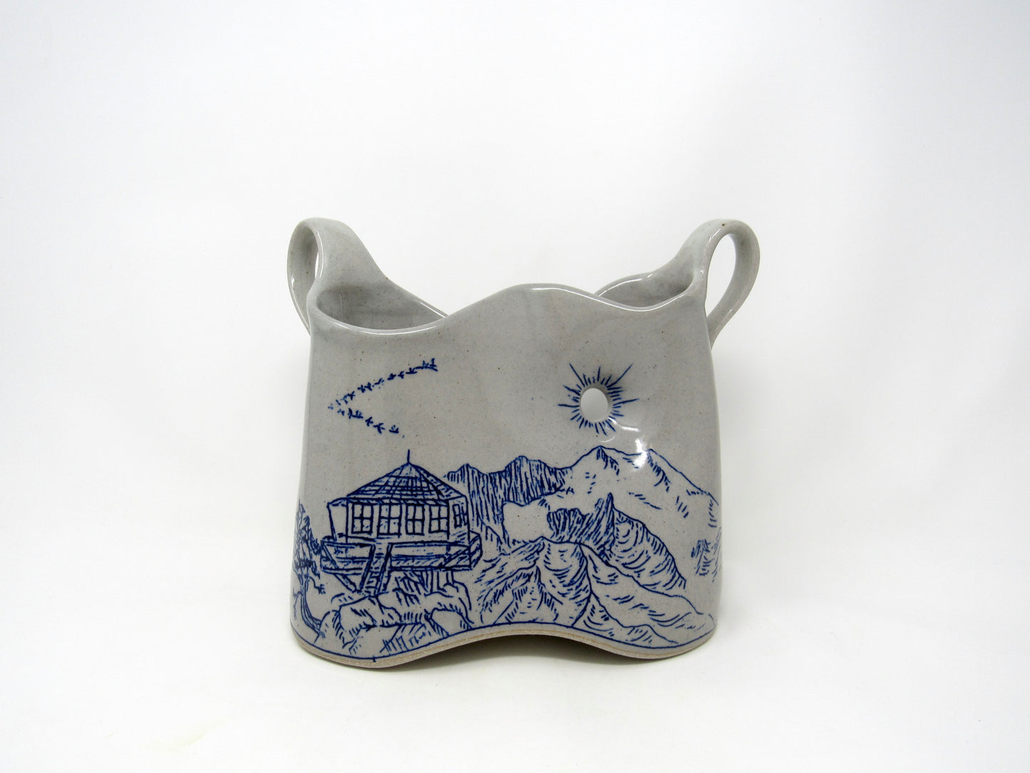 Park Butte Fire Lookout: Mountain Landscape Vase with Handles in Blue and Gray