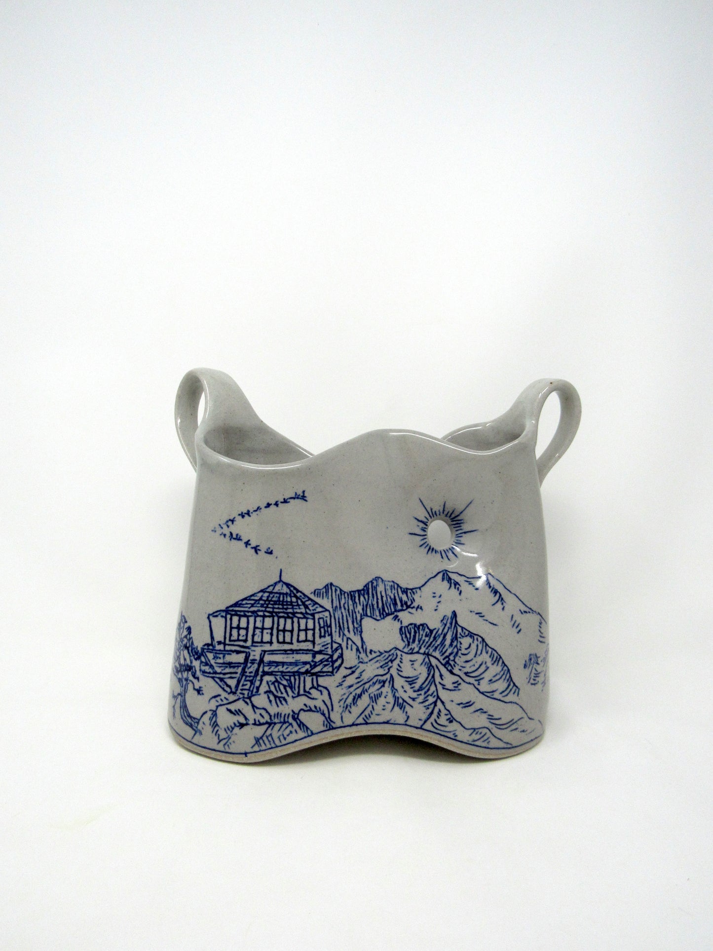 Park Butte Fire Lookout: Mountain Landscape Vase with Handles in Blue and Gray