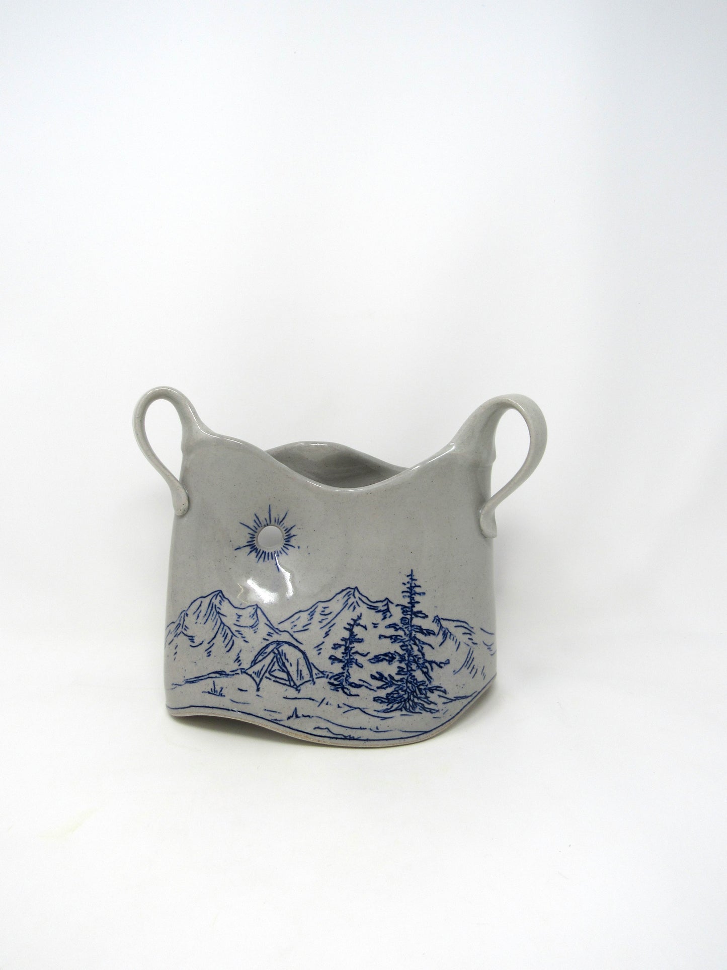 Park Butte Fire Lookout: Mountain Landscape Vase with Handles in Blue and Gray