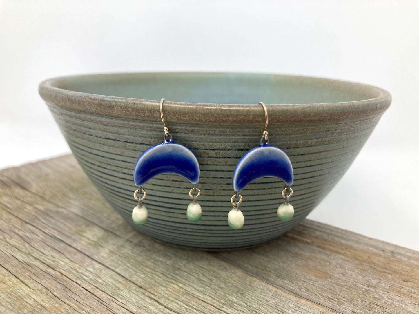 Small Cobalt Arch Earrings with Green Dangles