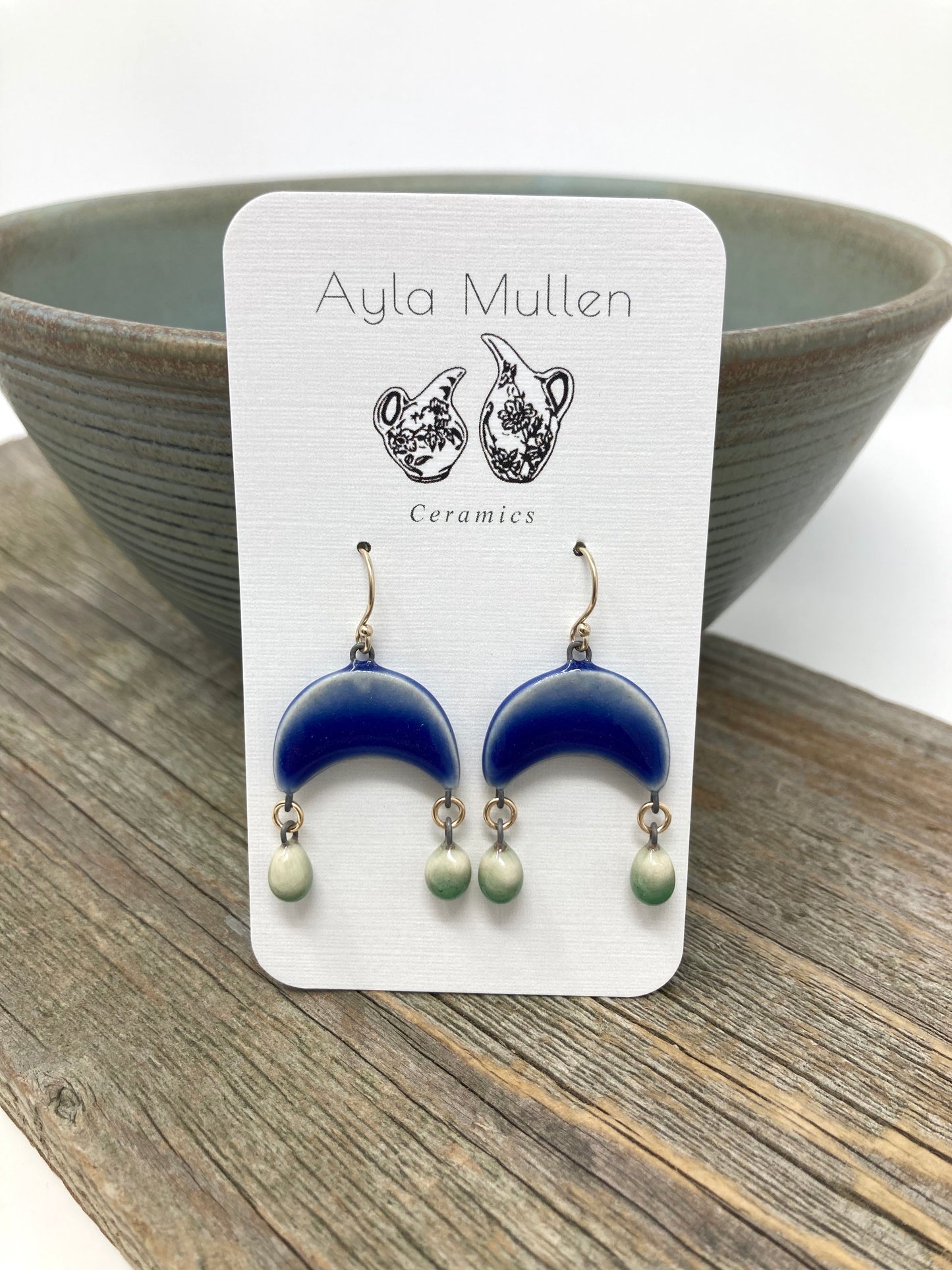 Small Cobalt Arch Earrings with Green Dangles