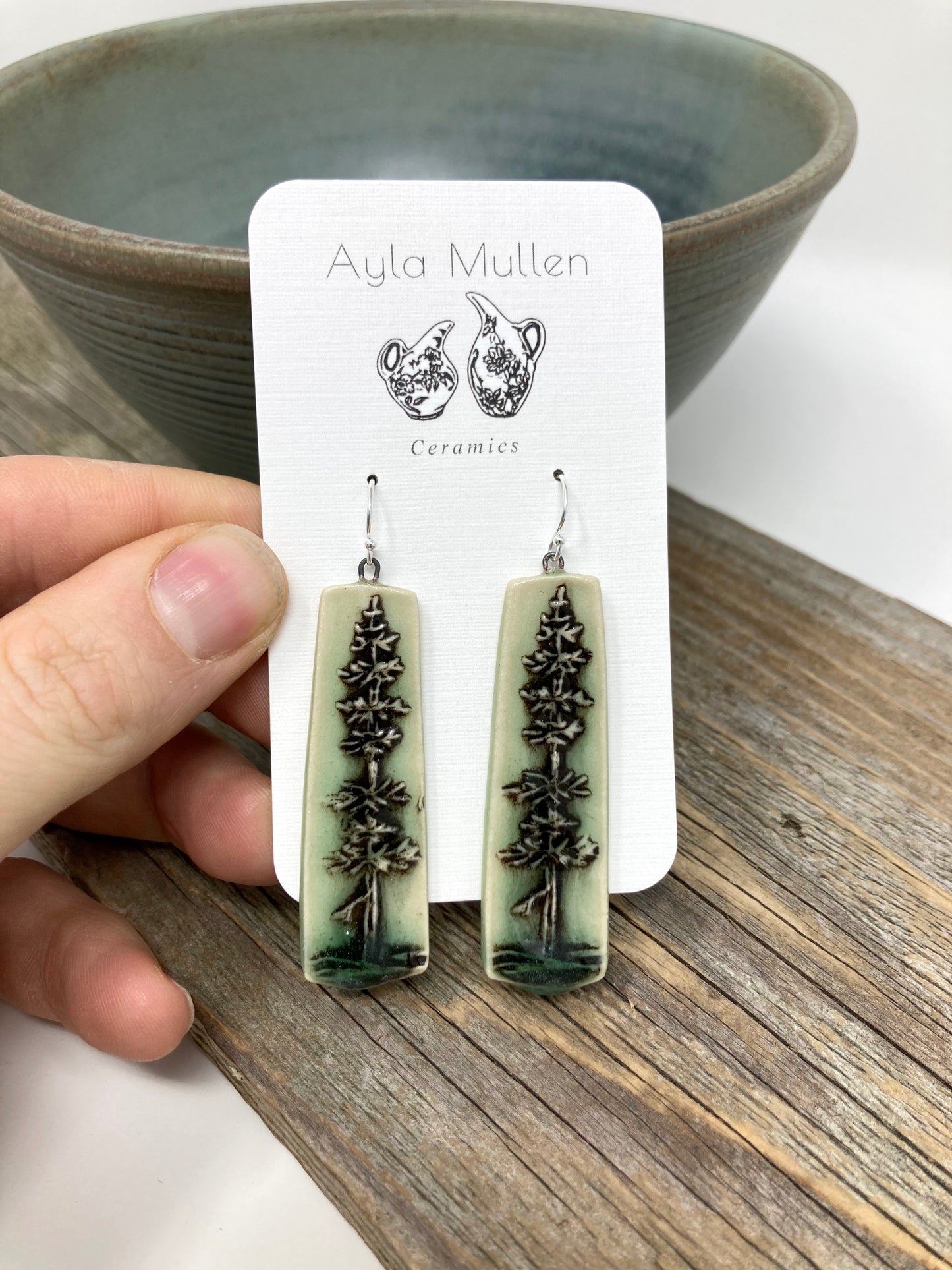 Stamped Evergreen Tree Earrings in Black and Green