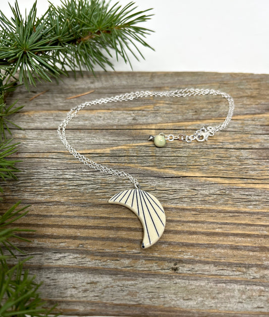 Striped Crescent Moon Necklace on Sterling Silver