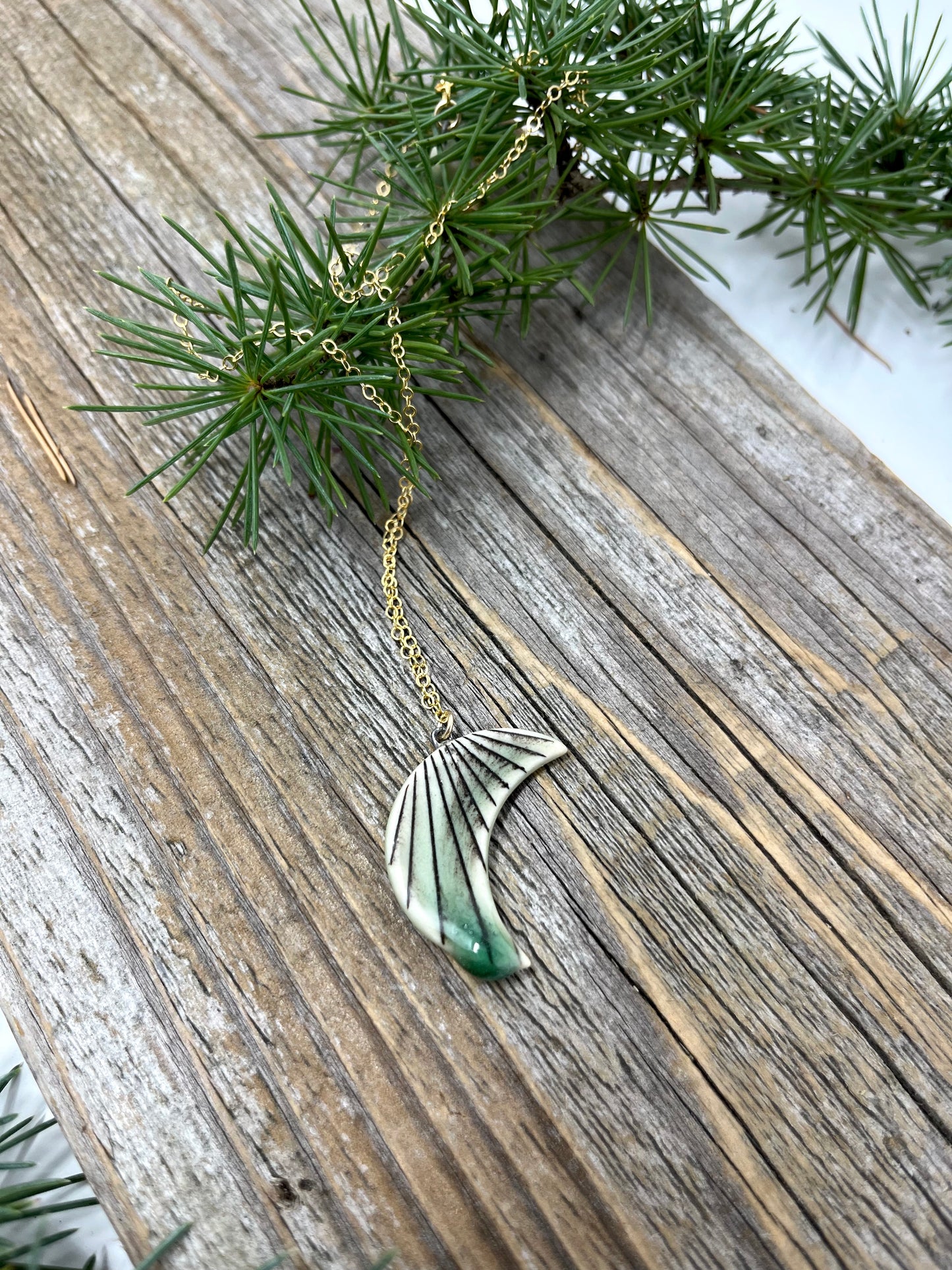 Green Striped Crescent Moon Necklace on Gold-filled