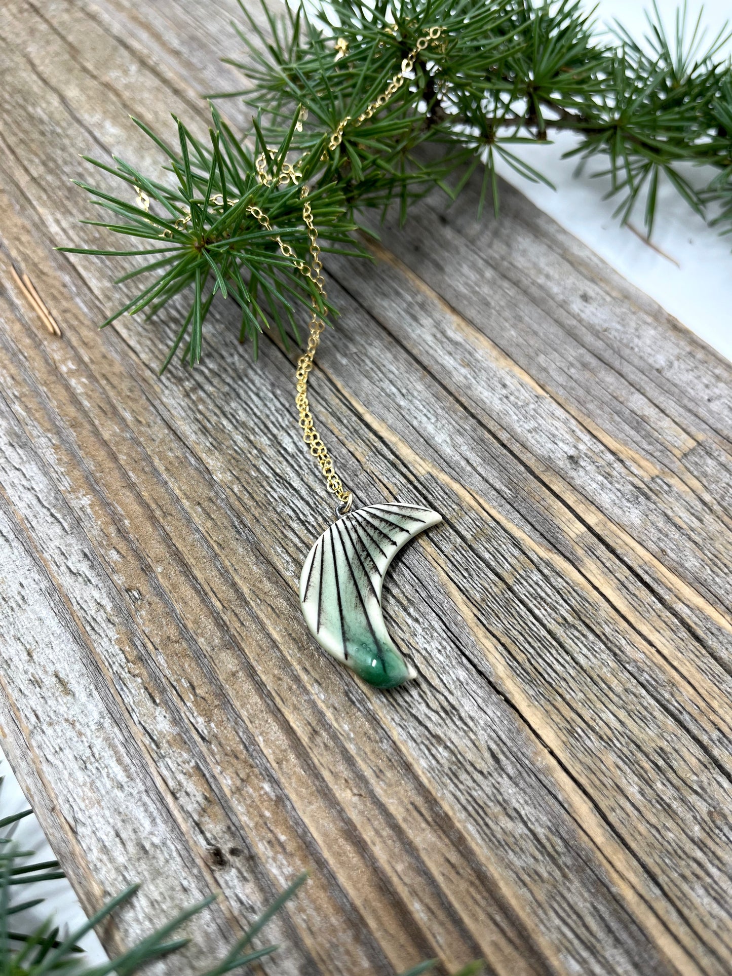 Green Striped Crescent Moon Necklace on Gold-filled