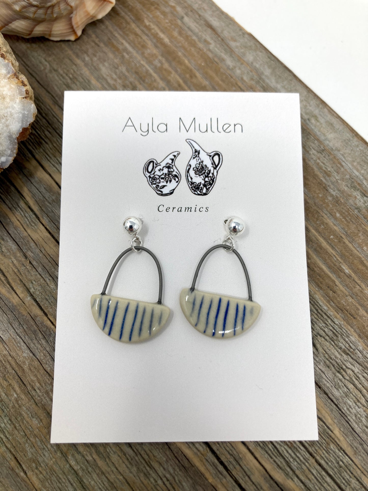 Art Deco Half Moon Earrings with Vertical Stripes, Silver posts